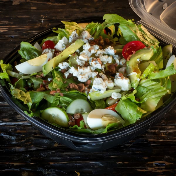 A fresh salad with lettuce, avocado, tomatoes, hard-boiled eggs, and crumbled cheese in a black container.