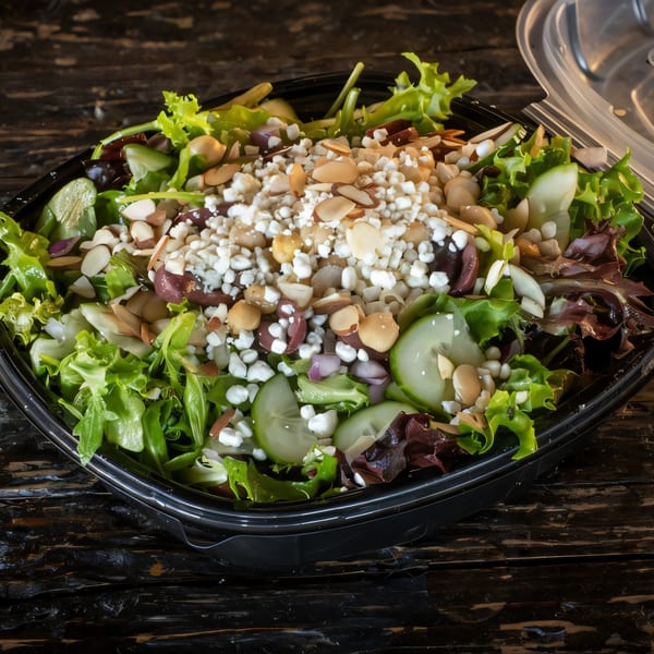 A fresh salad with mixed greens, cucumbers, olives, feta cheese, and almonds in a black to-go container.