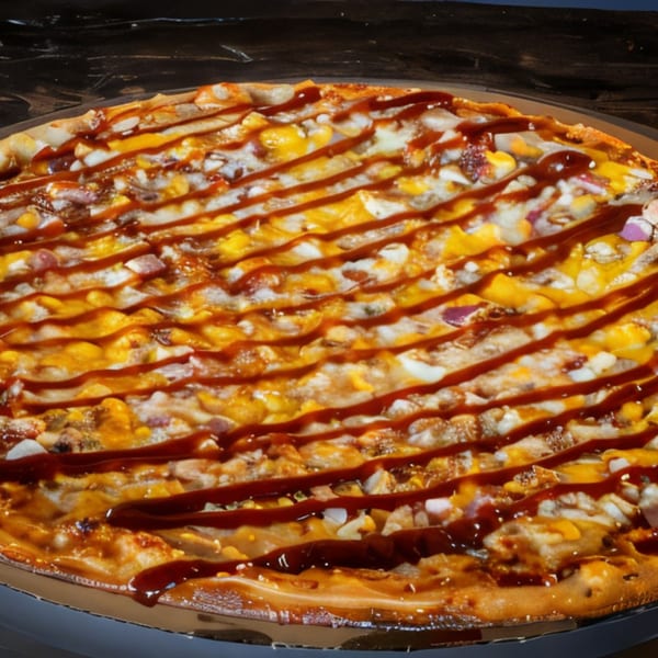 Task Force Pizza's BBQ chicken pizza, topped with cheese, chicken, red onion, and a BBQ sauce drizzle.