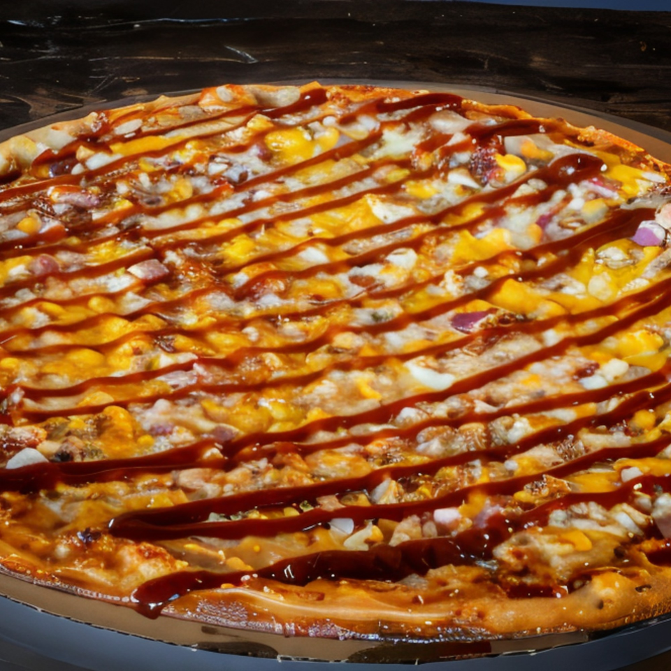 Task Force Pizza's BBQ chicken pizza, topped with cheese, chicken, red onion, and a BBQ sauce drizzle.
