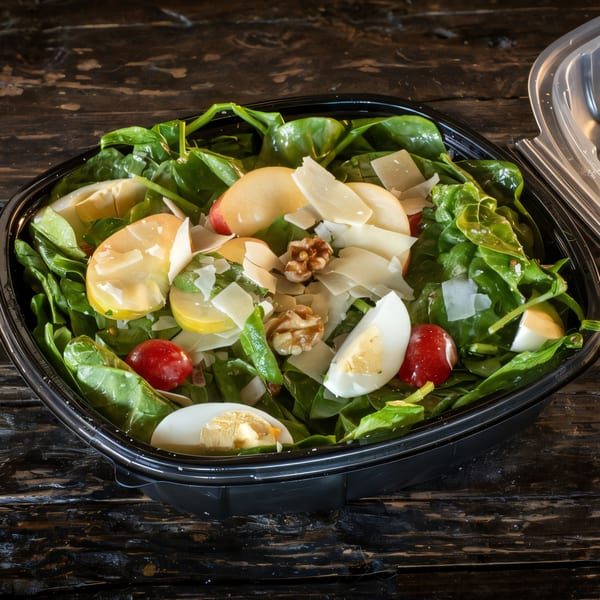 Spinach salad with apples, walnuts, parmesan, cherry tomatoes, and hard-boiled eggs in a black container.