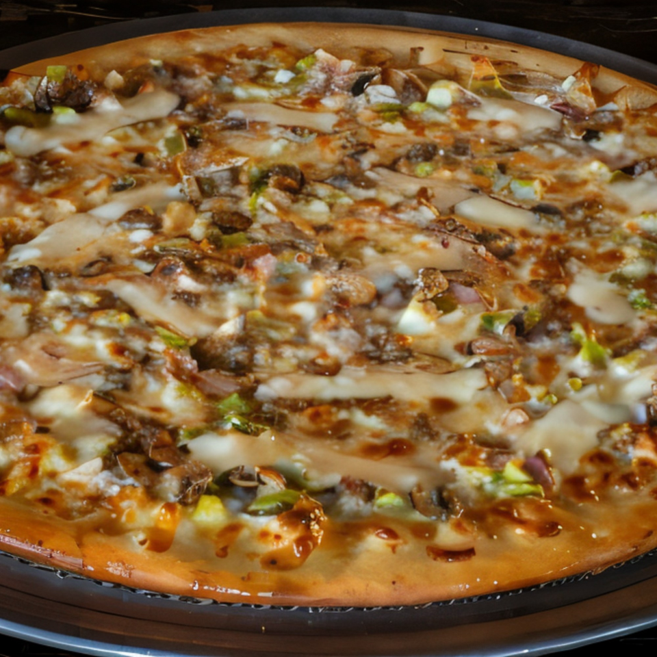 A Task Force Pizza with melted cheese, mushrooms, and green onions on a dark pan.