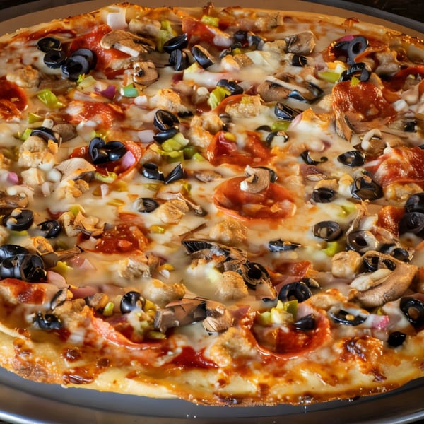 A close-up of a Task Force Pizza with pepperoni, olives, mushrooms, and other toppings.