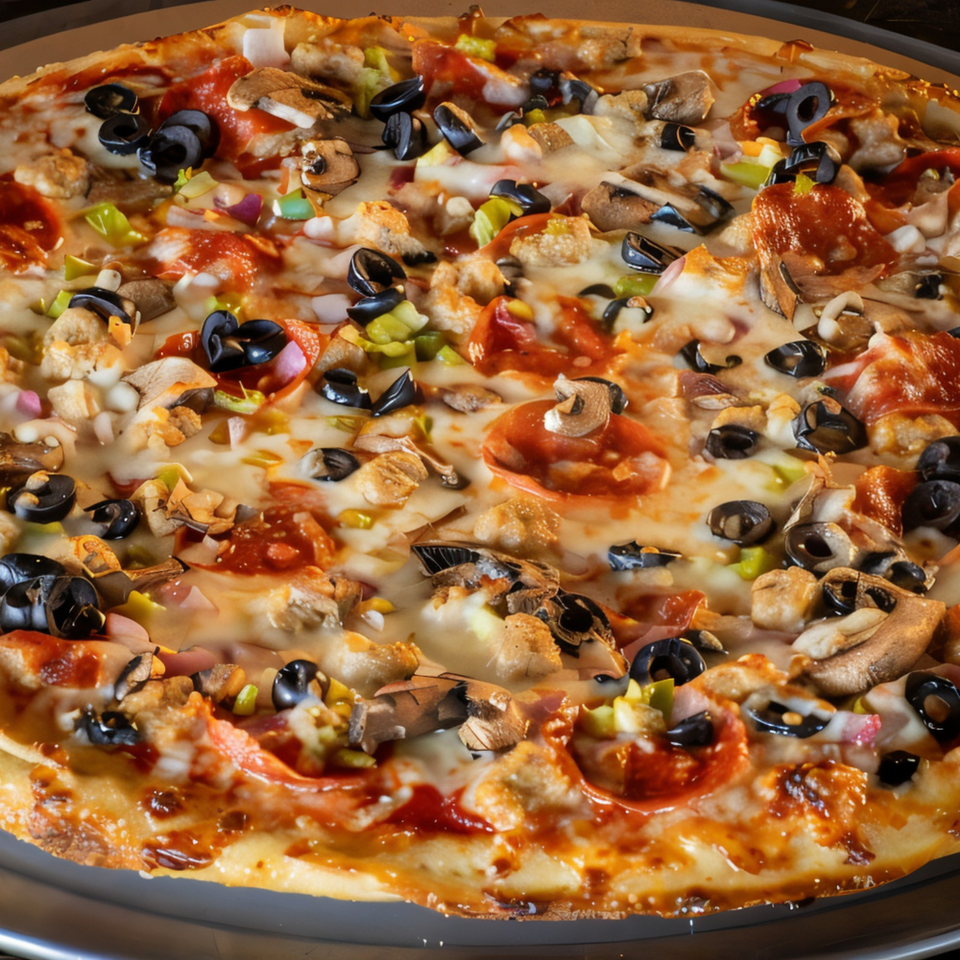 A close-up of a Task Force Pizza with pepperoni, olives, mushrooms, and other toppings.