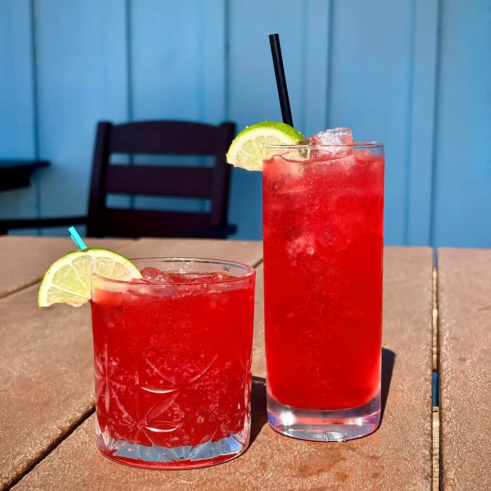 Two red cocktails with lime wedges and straws on a brown table with a blue wall background.