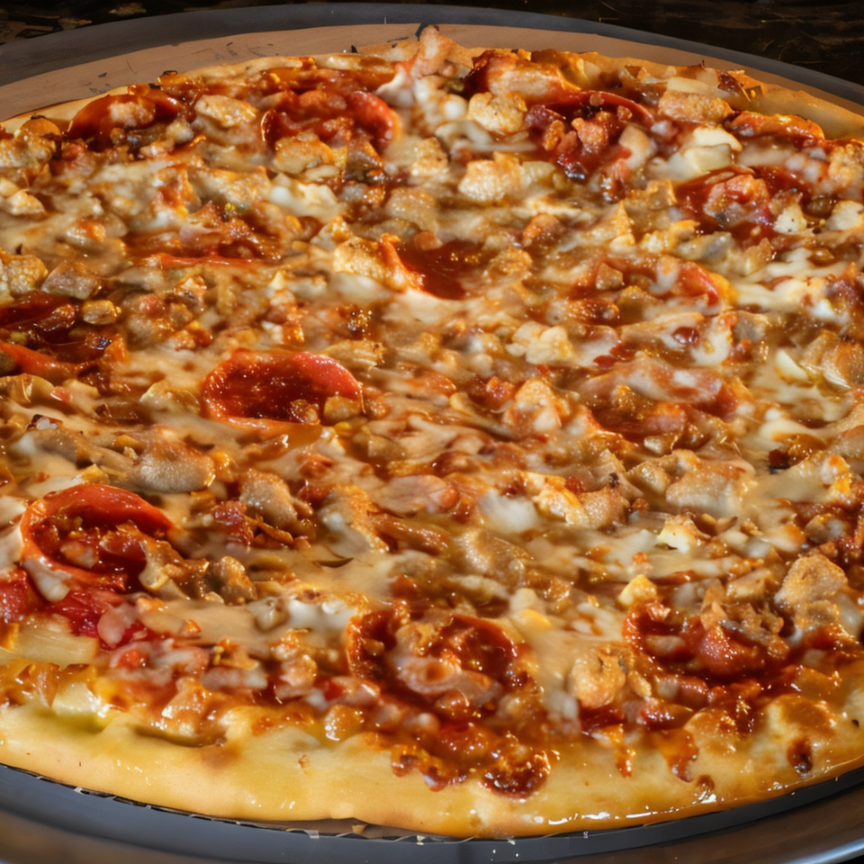 Close-up of a Task Force Pizza with melted cheese, pepperoni, and chicken on a dark pan.
