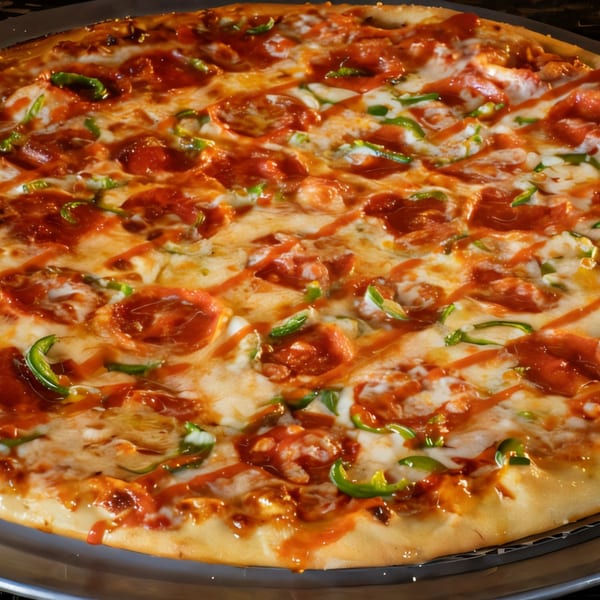 Close-up of a Task Force Pizza with pepperoni, green peppers, and a spicy sauce drizzle.