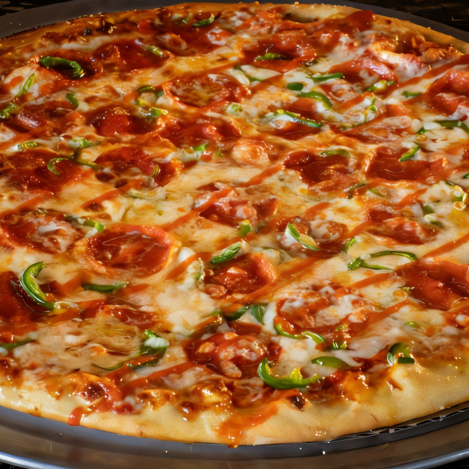 Close-up of a Task Force Pizza with pepperoni, green peppers, and a spicy sauce drizzle.