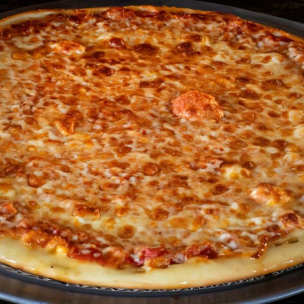 Close-up of a Task Force Pizza with melted cheese and a golden crust.