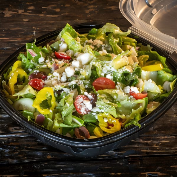 Fresh salad with lettuce, tomatoes, peppers, olives, and feta cheese in a black to-go container.