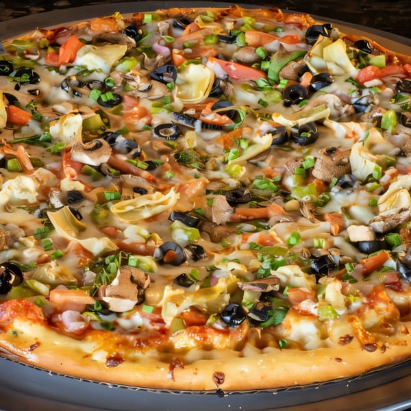 Close-up of a Task Force Pizza with mushrooms, olives, artichokes, and other vegetables.