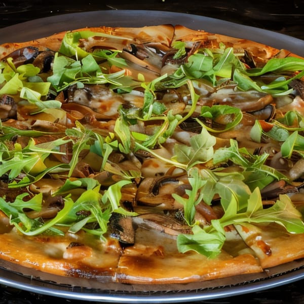 Task Force Pizza's mushroom and arugula pizza, sliced and ready to eat.