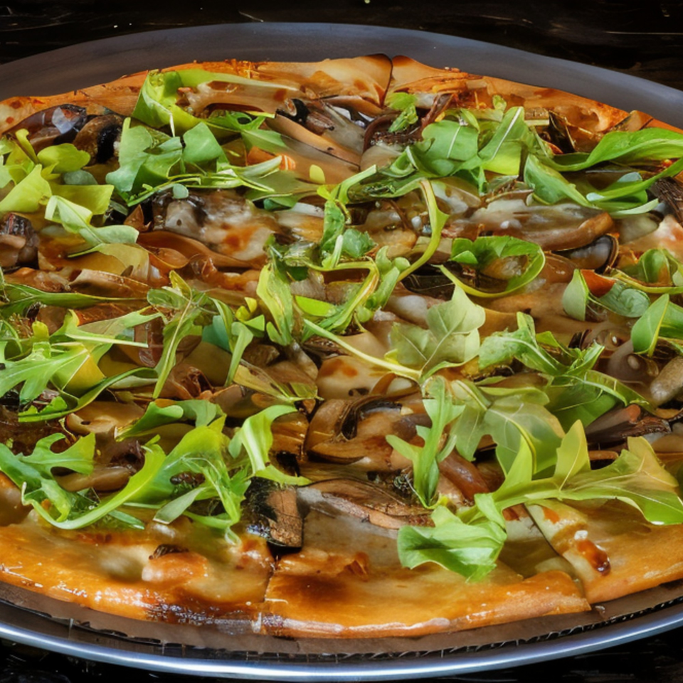 Task Force Pizza's mushroom and arugula pizza, sliced and ready to eat.