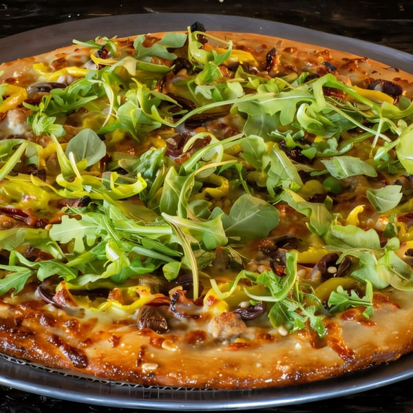 Task Force Pizza's pizza, topped with fresh arugula, yellow peppers, and olives.
