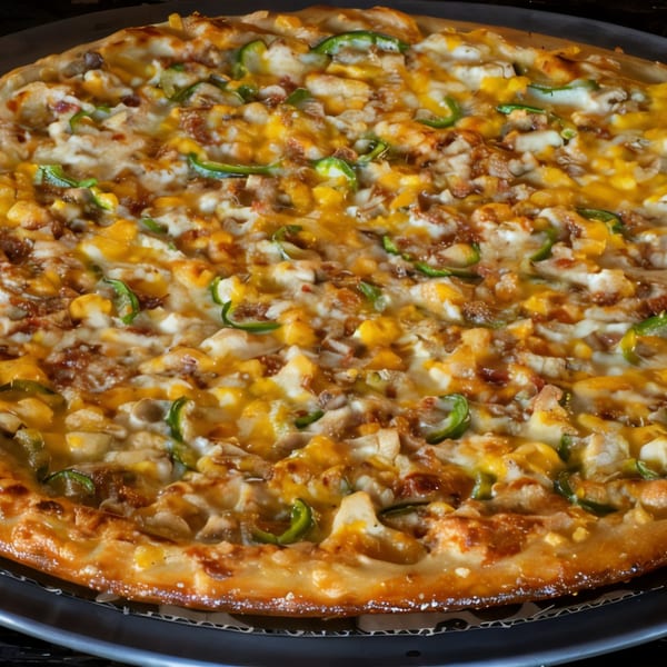 A close-up of a Task Force Pizza with melted cheese, green peppers, and chicken.