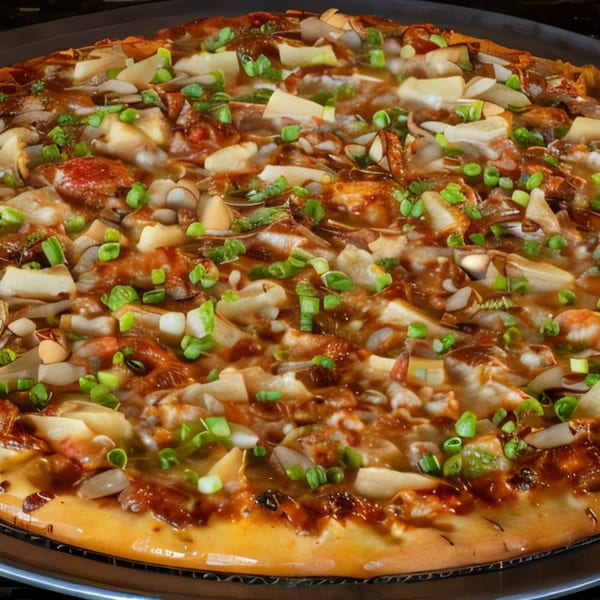 Task Force Pizza's pizza, topped with chicken, pineapple, green onions, and a sweet and savory sauce.