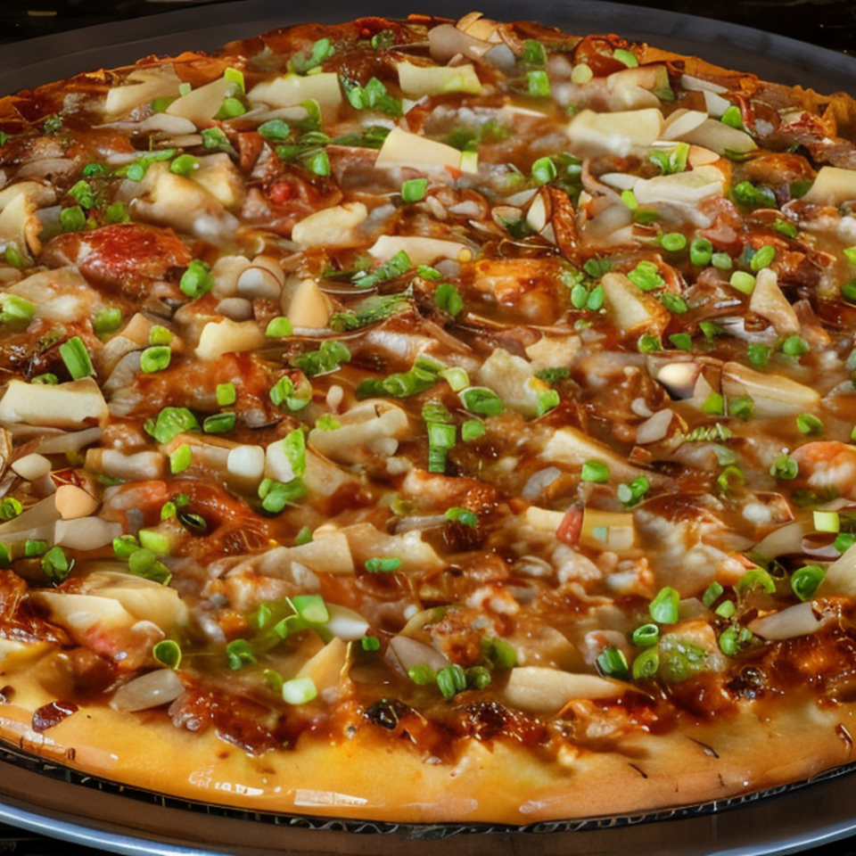 Task Force Pizza's pizza, topped with chicken, pineapple, green onions, and a sweet and savory sauce.